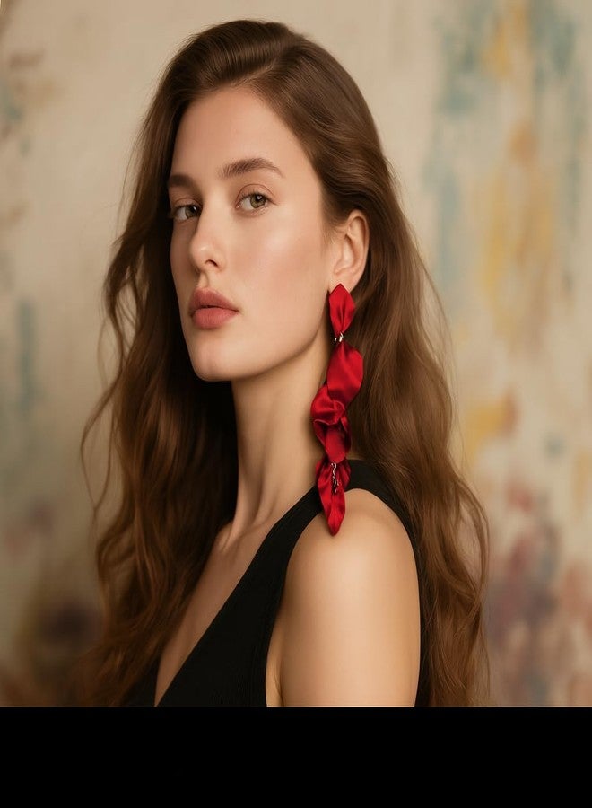 ZENCHEER Long Acrylic Rose Petal Clip on Dangle Earrings, 14K Gold Plated Chunky Statement Flower Earrings Clips Minimalist Hypoallergenic Floral Tassel Earrings for Non Pierced Eears - Image 2